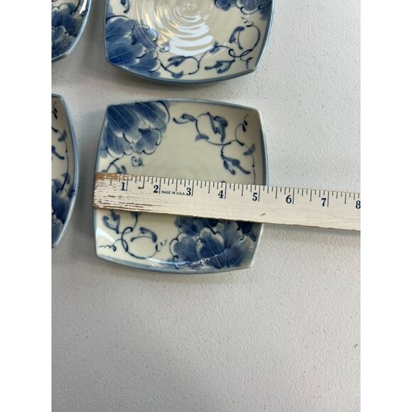 Asian Dessert Plate Set of 6 5.5" Square Blue Floral Pottery Ceramics - Picture 4 of 5